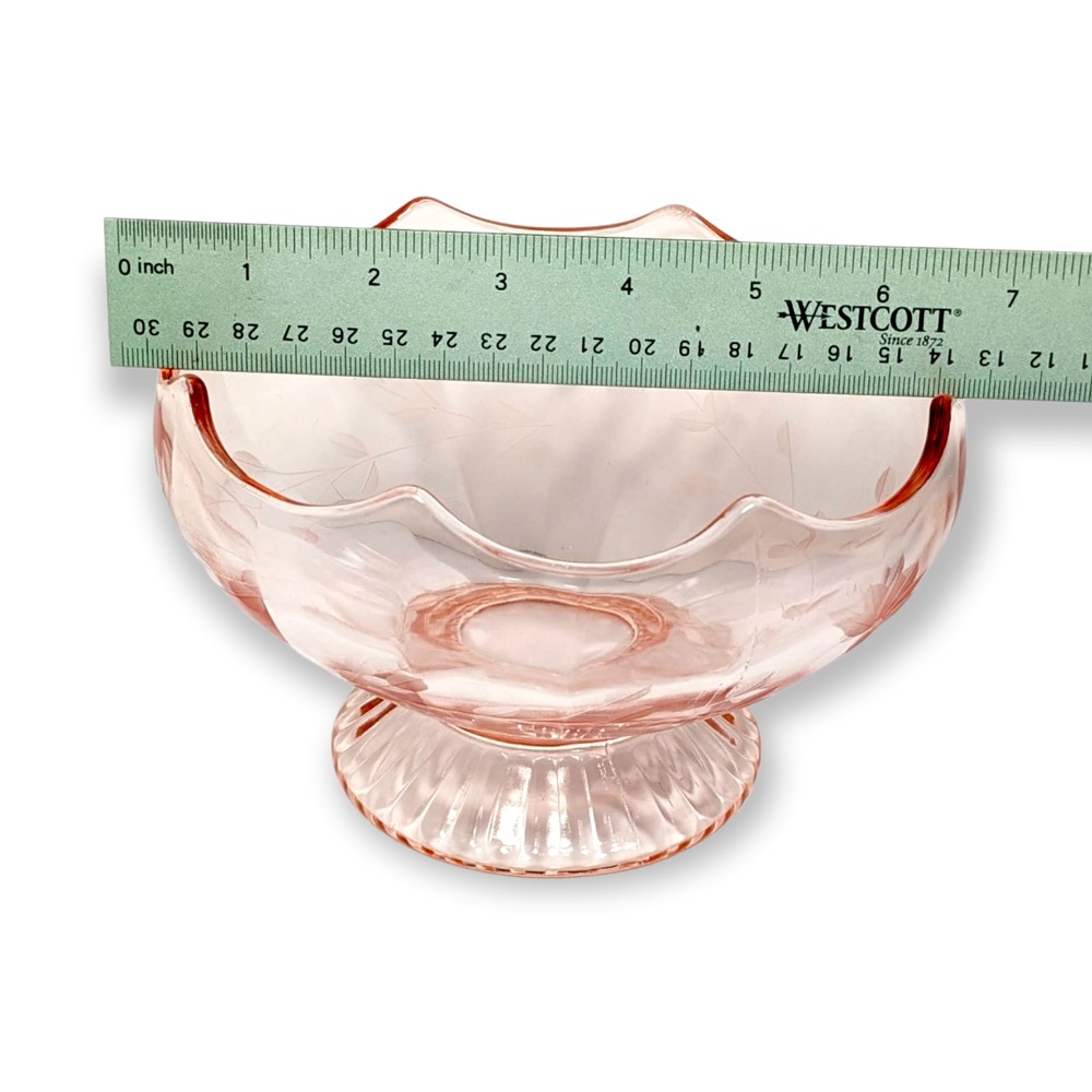 Pink Depression Glass Bowl Scalloped Top Compote Floral Etched Pedestal - Picture 8 of 8